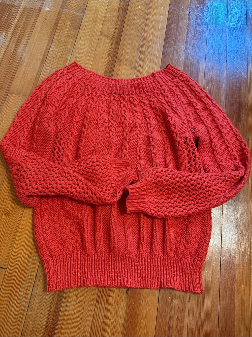 Women's Orange Cable & Pointelle Knit Scoop Neck Sweater
